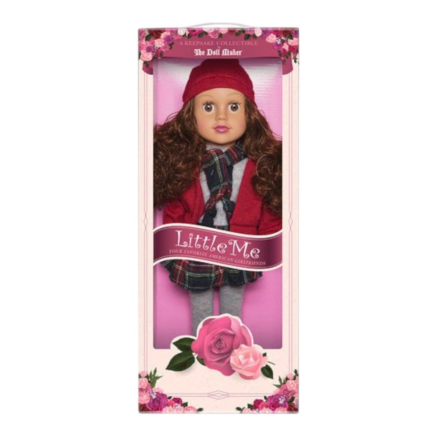 The Doll Maker 18-inch Pretty in Plaid collectible doll wearing a red hat, cardigan, and plaid skirt in packaging.