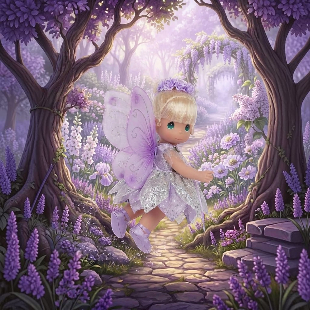 The Doll Maker 12-inch Lavender Tinker Bell doll with iridescent wings in a magical purple flower forest setting.