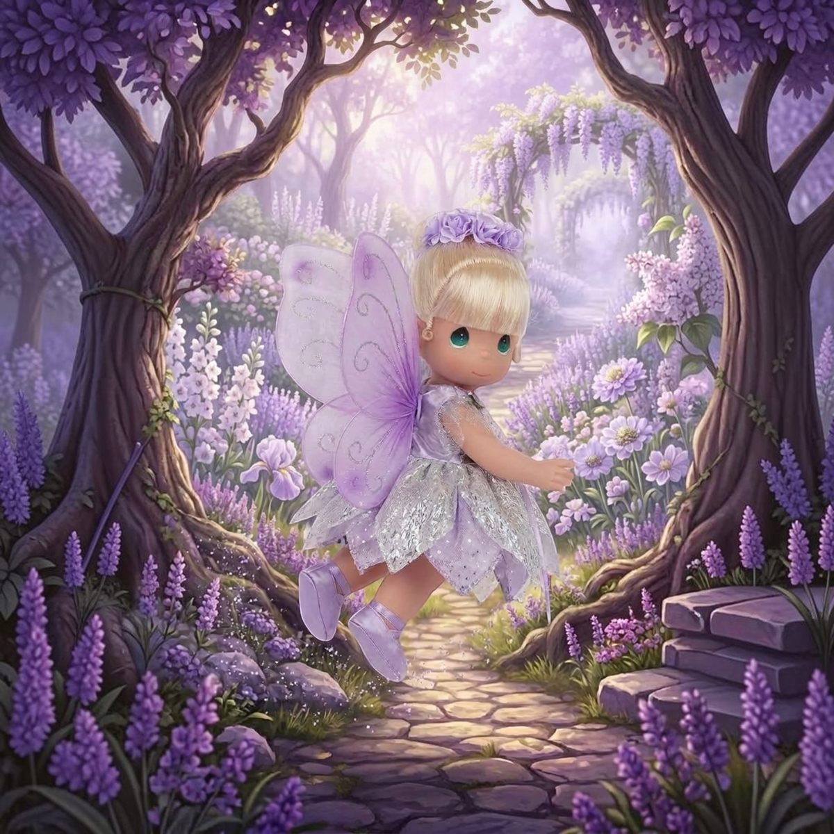 The Doll Maker 12-inch Lavender Tinker Bell doll with iridescent wings in a magical purple flower forest setting.