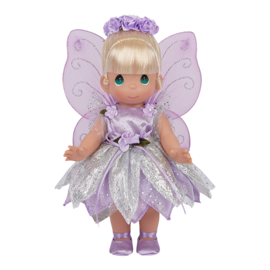 The Doll Maker 12-inch Lavender Tinker Bell doll with iridescent wings and floral crown in a magical fairy forest.