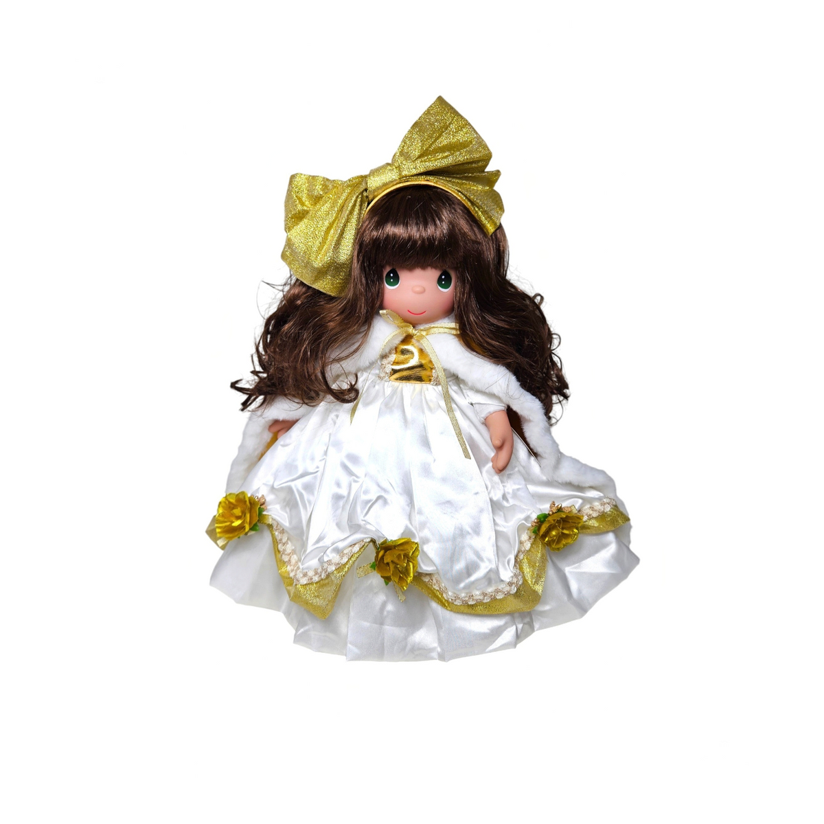 Precious Moments dolls designed by Linda Rick The Doll Maker 2025 Precious Moments annual stocking doll in a white and gold dress with a large matching hair bow.