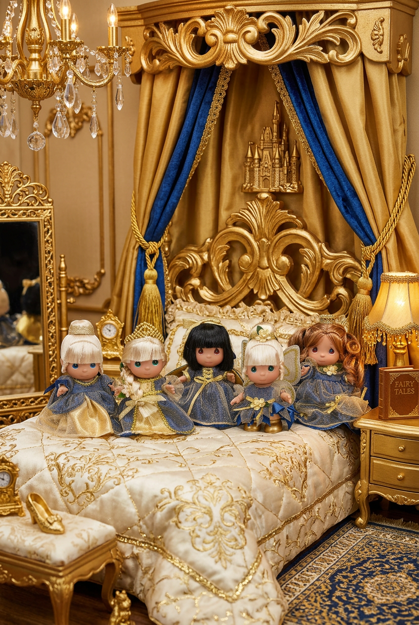 The Doll Maker 50th anniversary 5-piece mini princess doll set in blue and gold gowns displayed on a luxury bed.