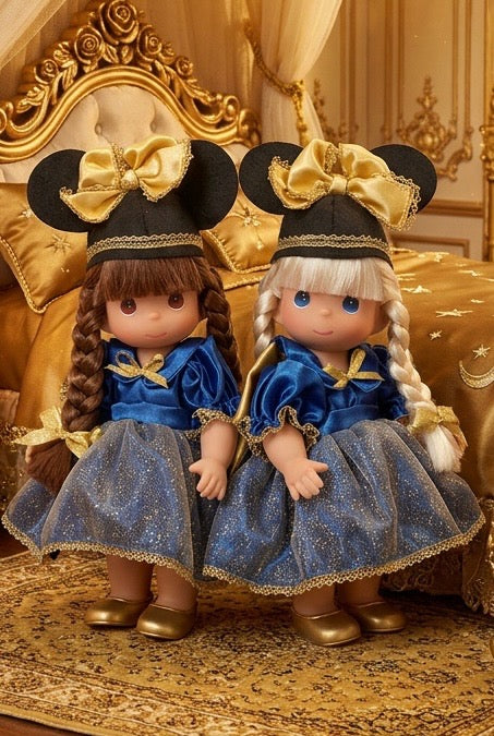 The Doll Maker 50th anniversary Mouseketeer dolls in blue and gold dresses with matching ears in a luxury bedroom.