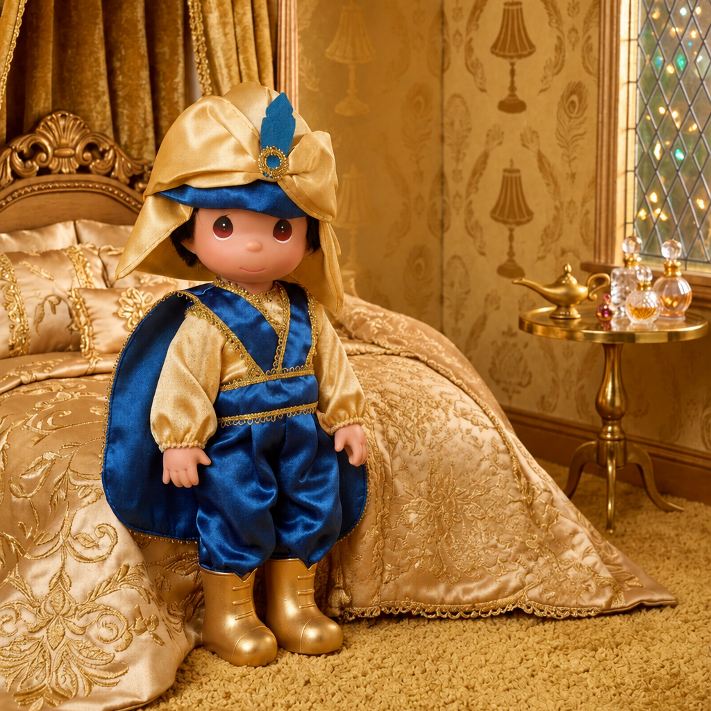 The Doll Maker 50th Anniversary Aladdin collector doll in a blue and gold satin outfit with a matching turban.