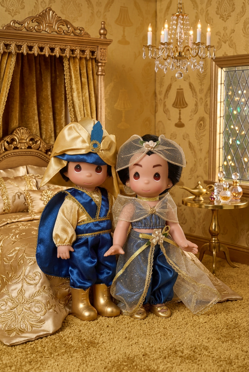 The Doll Maker 50th Anniversary Aladdin and Jasmine collector dolls in blue and gold outfits inside a palace bedroom.