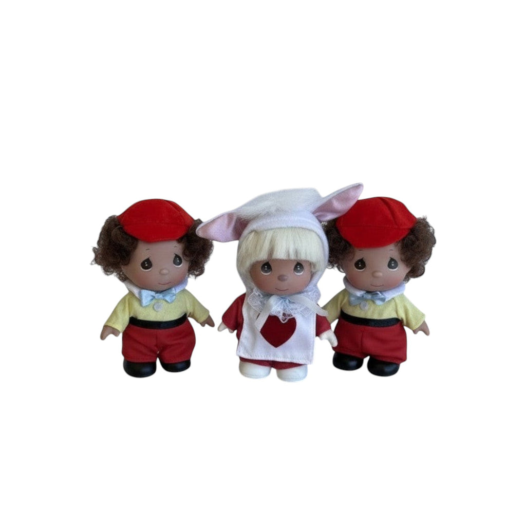 The Doll Maker 5-inch Alice in Wonderland collectible doll set featuring a white rabbit and Tweedledee and Tweedledum.