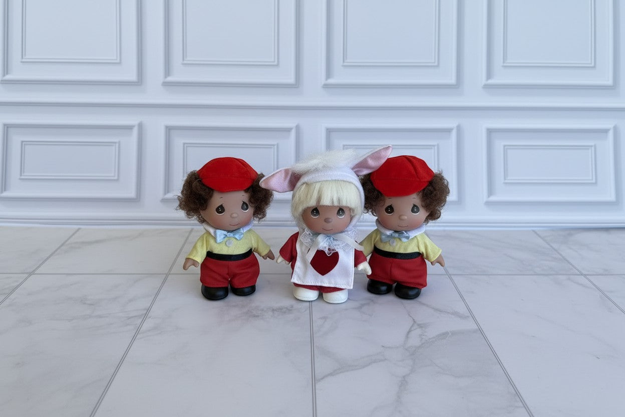 The Doll Maker 5-inch Alice in Wonderland collectible doll set featuring a white rabbit and Tweedledum and Tweedledee.