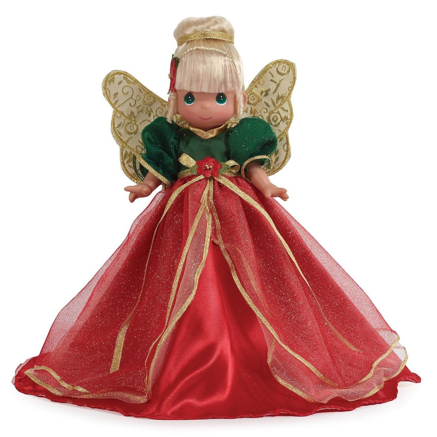 The Doll Maker 12-inch angel Christmas tree topper doll with blonde hair, green bodice, and red tulle skirt.