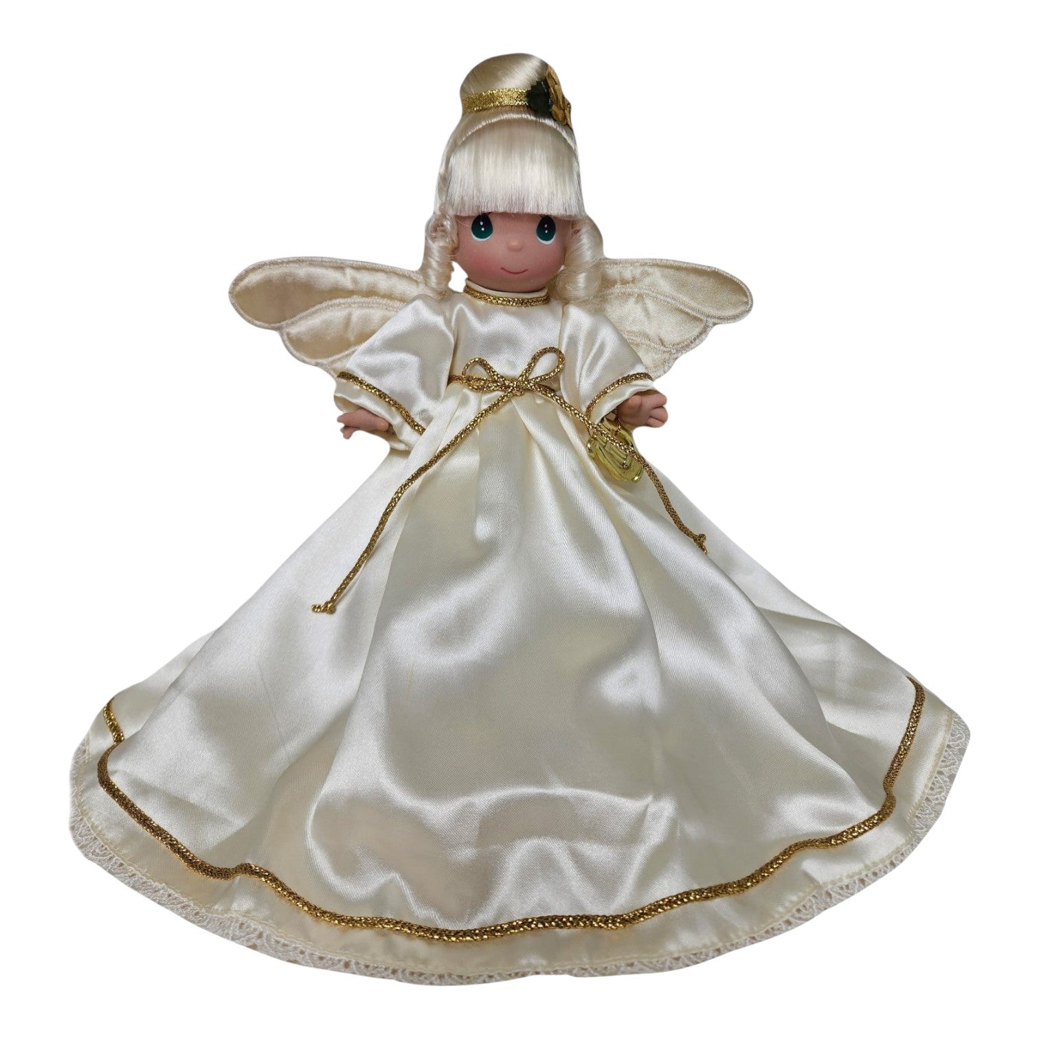 The Doll Maker Angelic Memories of Christmas tree topper featuring a blonde angel in a white satin gown with gold trim