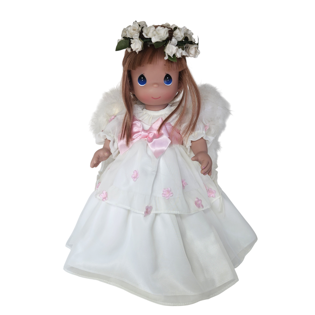 The Doll Maker 16-inch one-of-a-kind angel doll wearing a white dress with pink accents and a floral crown