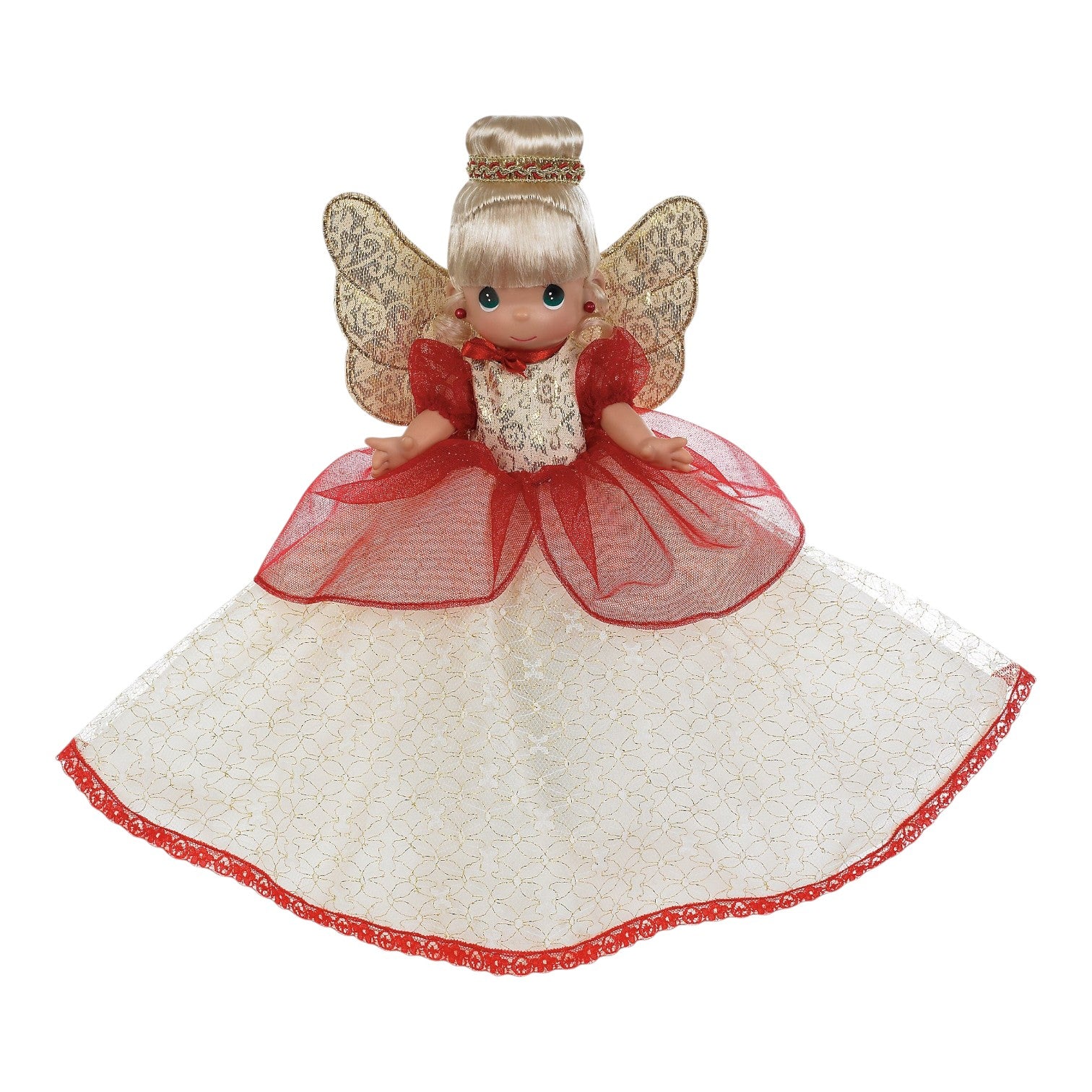 The Doll Maker 12-inch angel tree topper with blonde hair, gold wings, and a red and white lace Christmas dress.