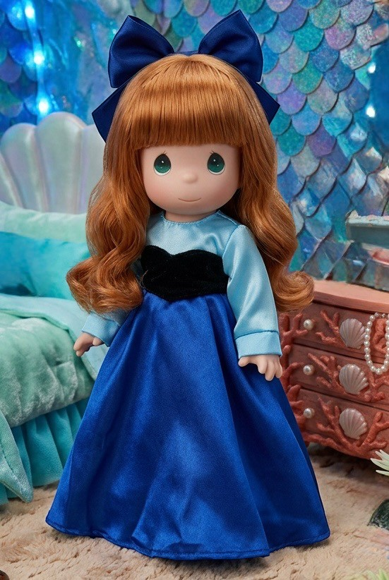 The Doll Maker 12-inch Ariel doll with red hair and blue bow, wearing a blue satin gown with black bodice detail.