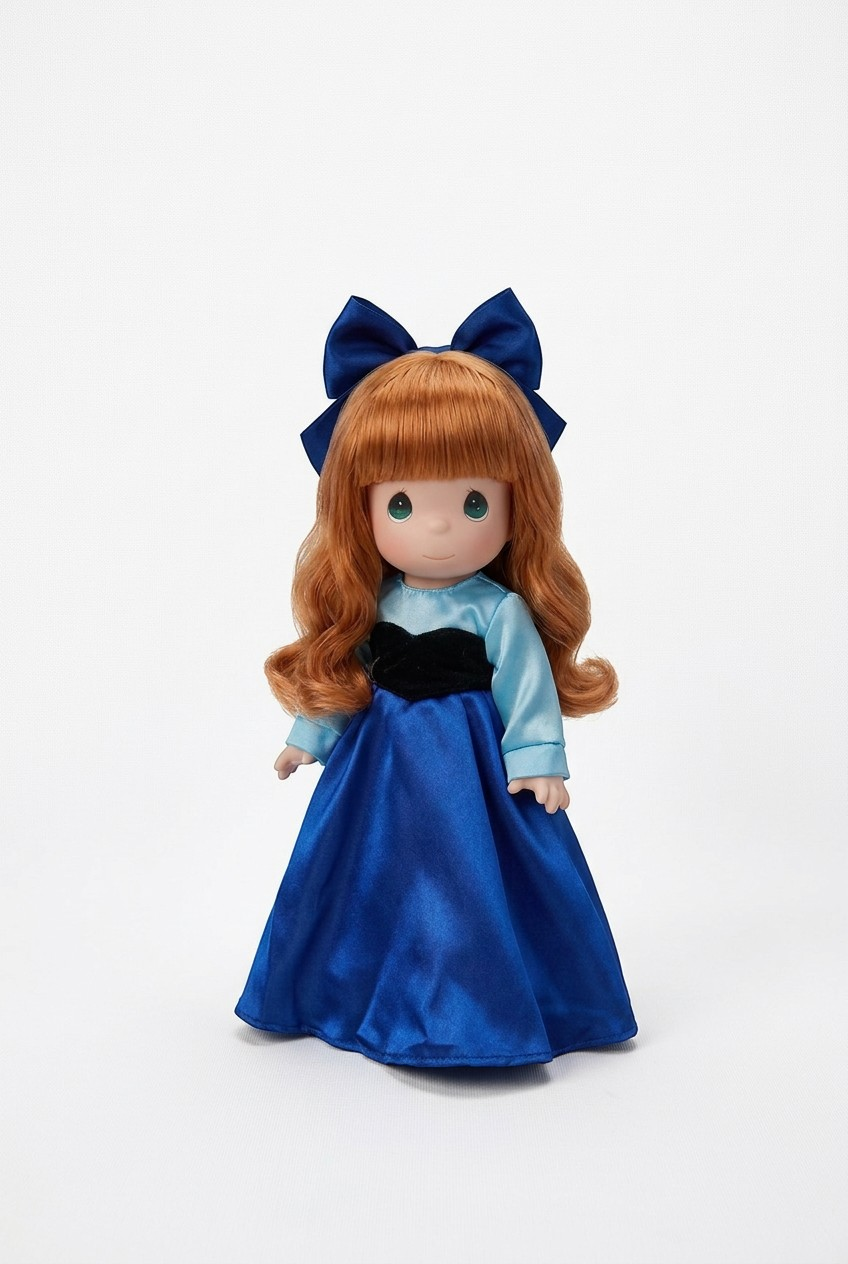 The Doll Maker 12-inch Ariel doll with long red hair, wearing a blue gown and matching bow, front view.