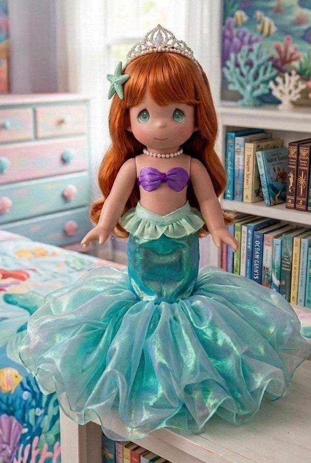 The Doll Maker 12-inch Ariel mermaid doll with red hair, a tiara, purple seashell top, and shimmering teal tail.