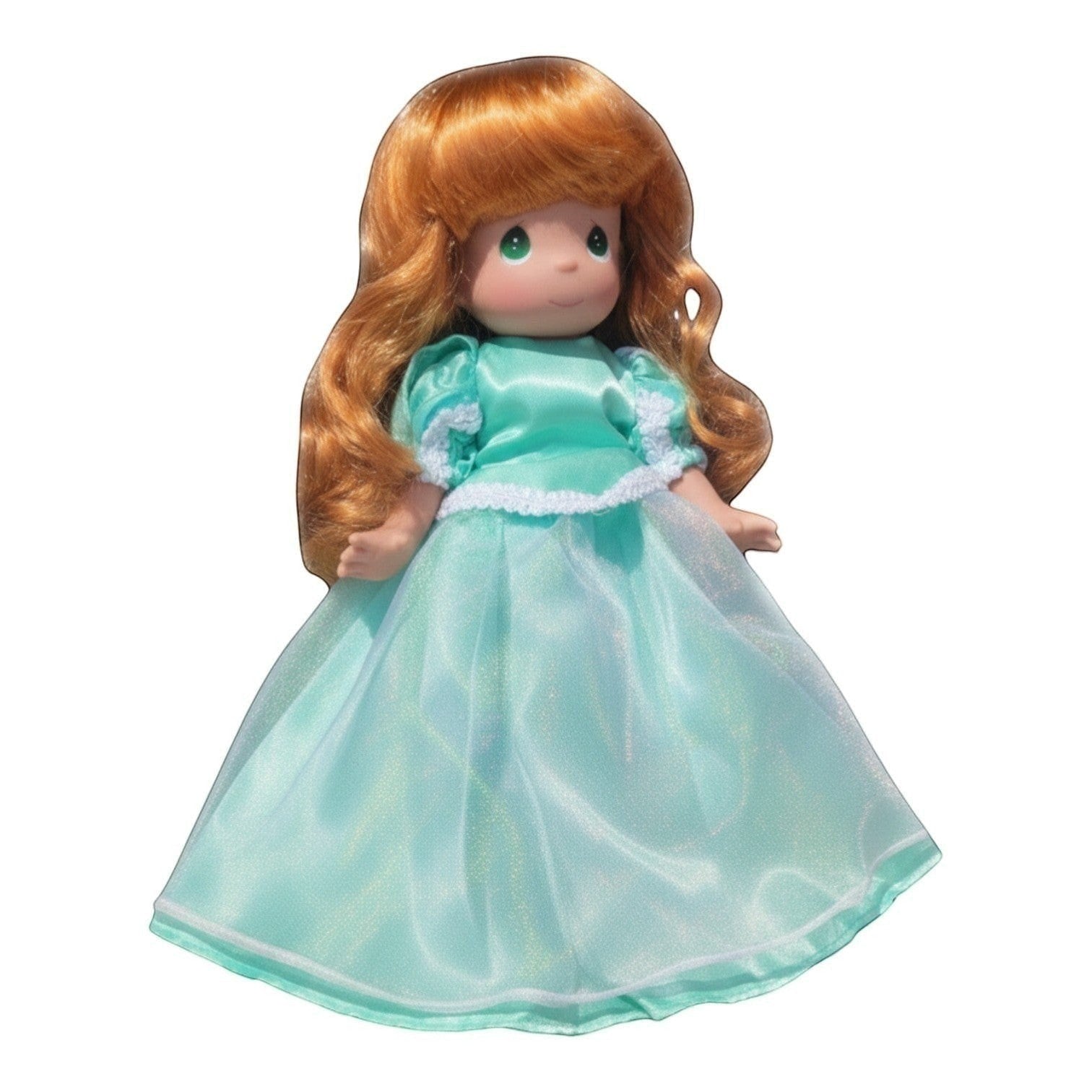 The Doll Maker 12-inch Ariel doll with long red hair wearing a shimmering teal satin gown with white lace trim.