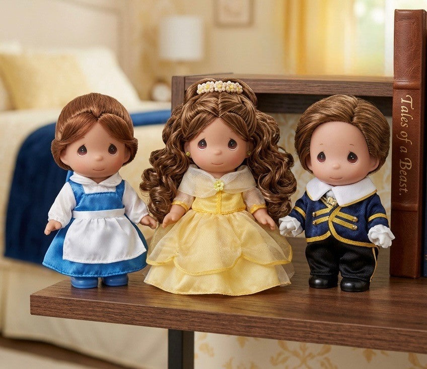 The Doll Maker 3-piece Beauty and the Beast doll set featuring Belle in blue and yellow dresses and the Beast.