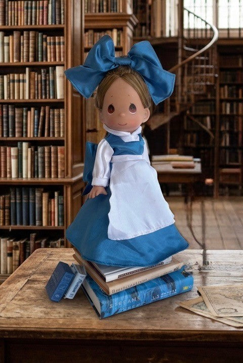 The Doll Maker 12-inch Belle doll wearing a blue dress and large hair bow, posed on a stack of books in a library.