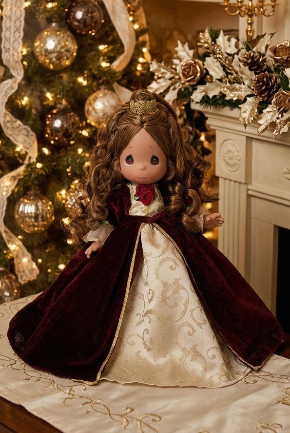 The Doll Maker 12-inch Belle Christmas doll wearing a burgundy velvet and cream brocade gown with a gold crown.