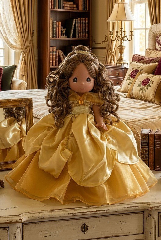 The Doll Maker 12-inch Belle collectible doll wearing an elegant gold gown with intricate details in a bedroom setting.