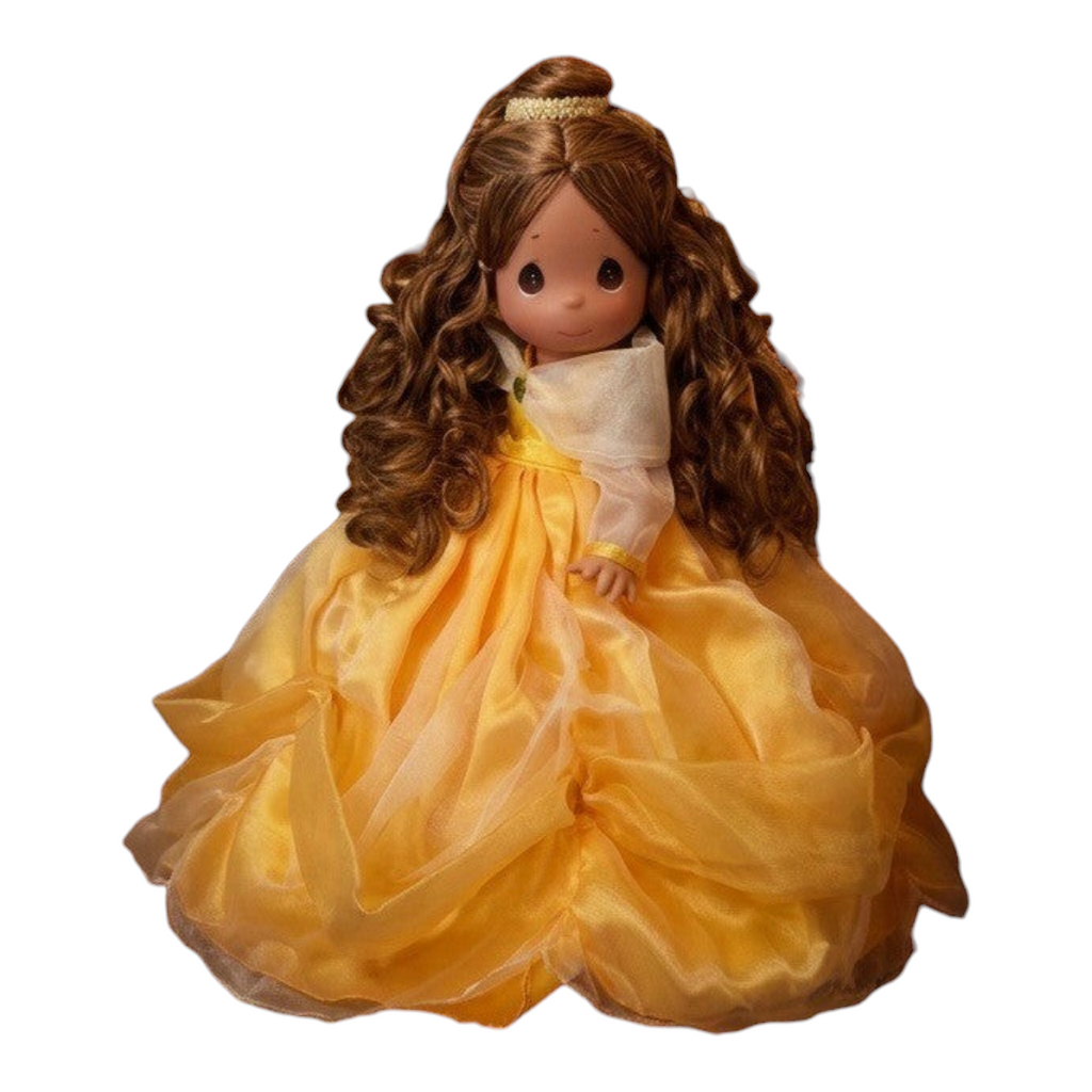 The Doll Maker 12-inch Belle vinyl doll wearing an iconic yellow gown with elegant draping, seated on a velvet chair.