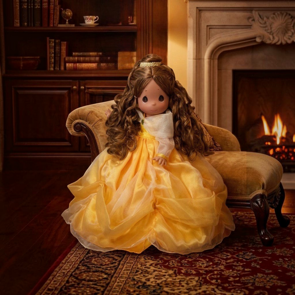 The Doll Maker 12-inch Belle vinyl doll wearing a detailed yellow gown with elegant draping, seated on a velvet chair.