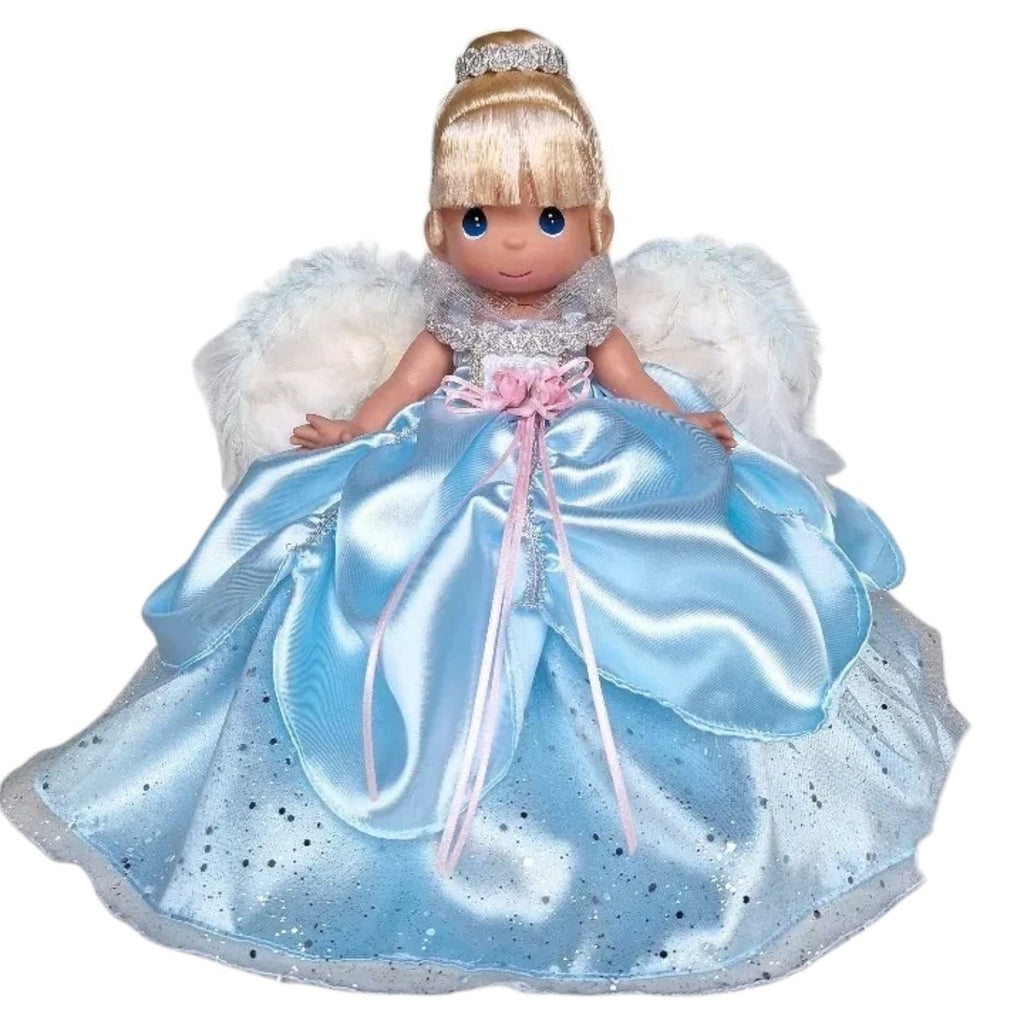 The Doll Maker 12-inch blonde angel doll wearing a blue satin gown with feather wings and a silver tiara.