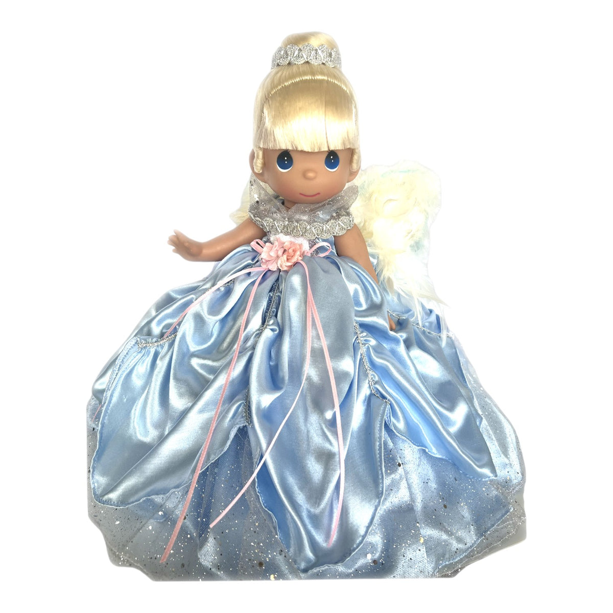 The Doll Maker 12-inch blonde angel doll wearing a blue satin gown with feather wings and a silver tiara.