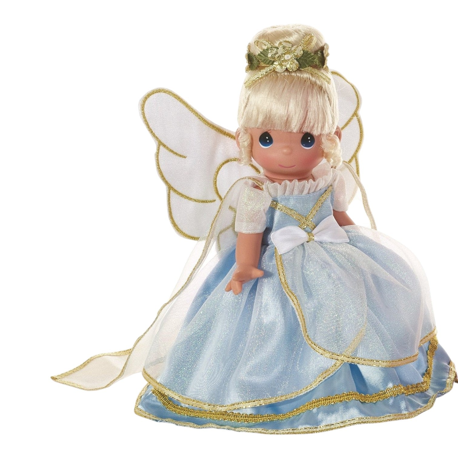 The Doll Maker Angels From Above 9-inch blonde angel doll wearing a blue and gold gown with sheer wings