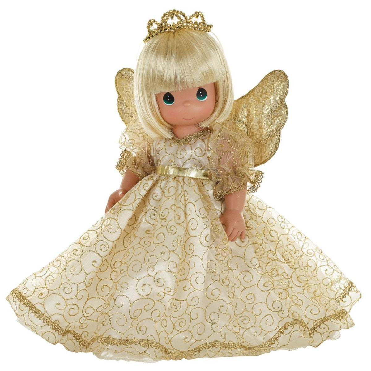 The Doll Maker Angelic Whispers 16-inch blonde angel doll wearing a gold embroidered dress with matching wings