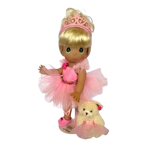 The Doll Maker 12-inch blonde ballerina doll wearing a pink tutu and tiara with a matching plush bear companion.