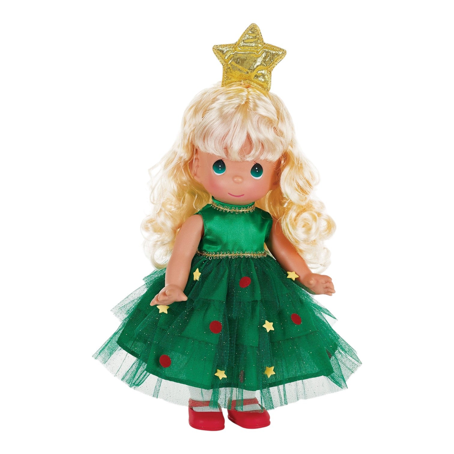 The Doll Maker 12-inch blonde Precious Moments doll wearing a green Christmas tree dress with a gold star headband.