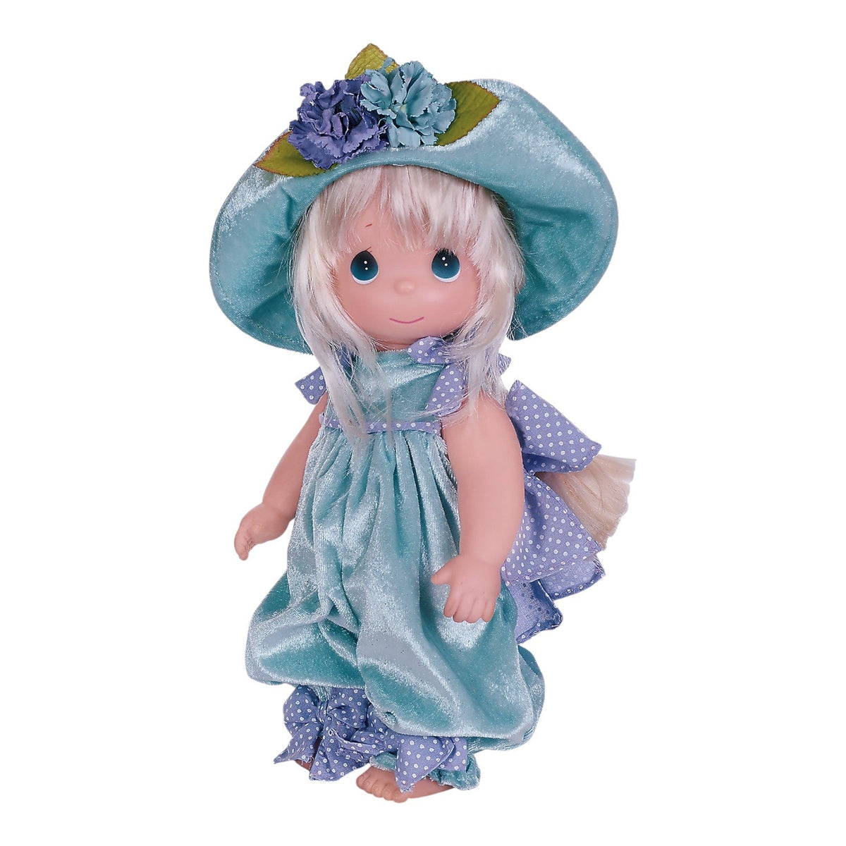 blonde hair doll is dressed in a delightful blue outfit with a matching hat