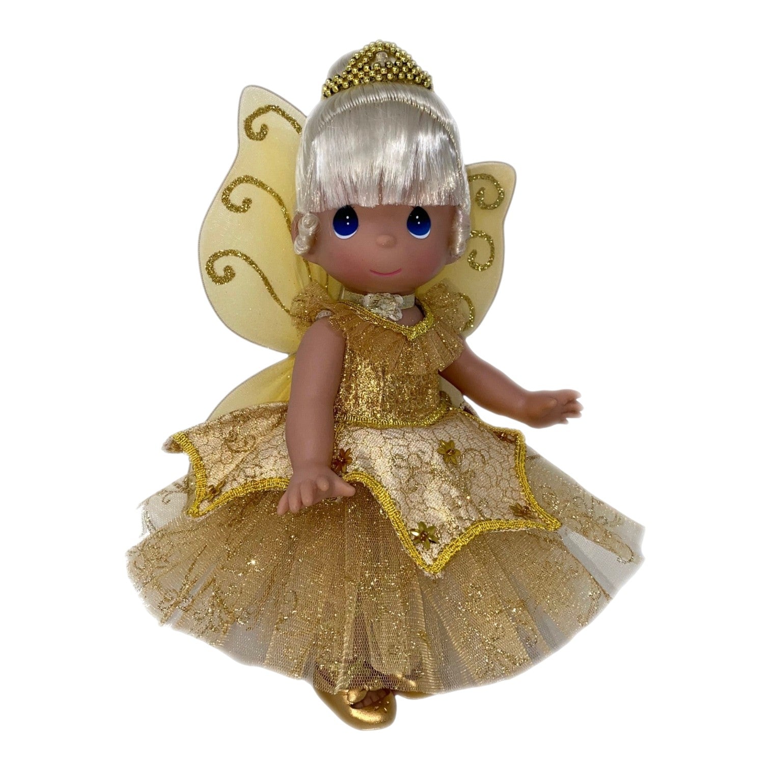 The Doll Maker 12-inch blonde fairy doll wearing a sparkling gold dress, tiara, and matching glittery wings.
