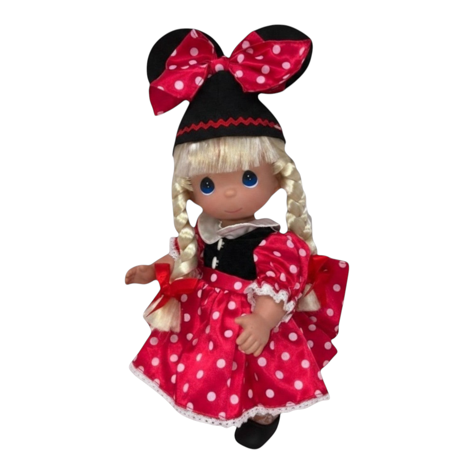 The Doll Maker 12-inch blonde Minnie Mouseketeer doll wearing a red polka dot dress and signature mouse ear hat.