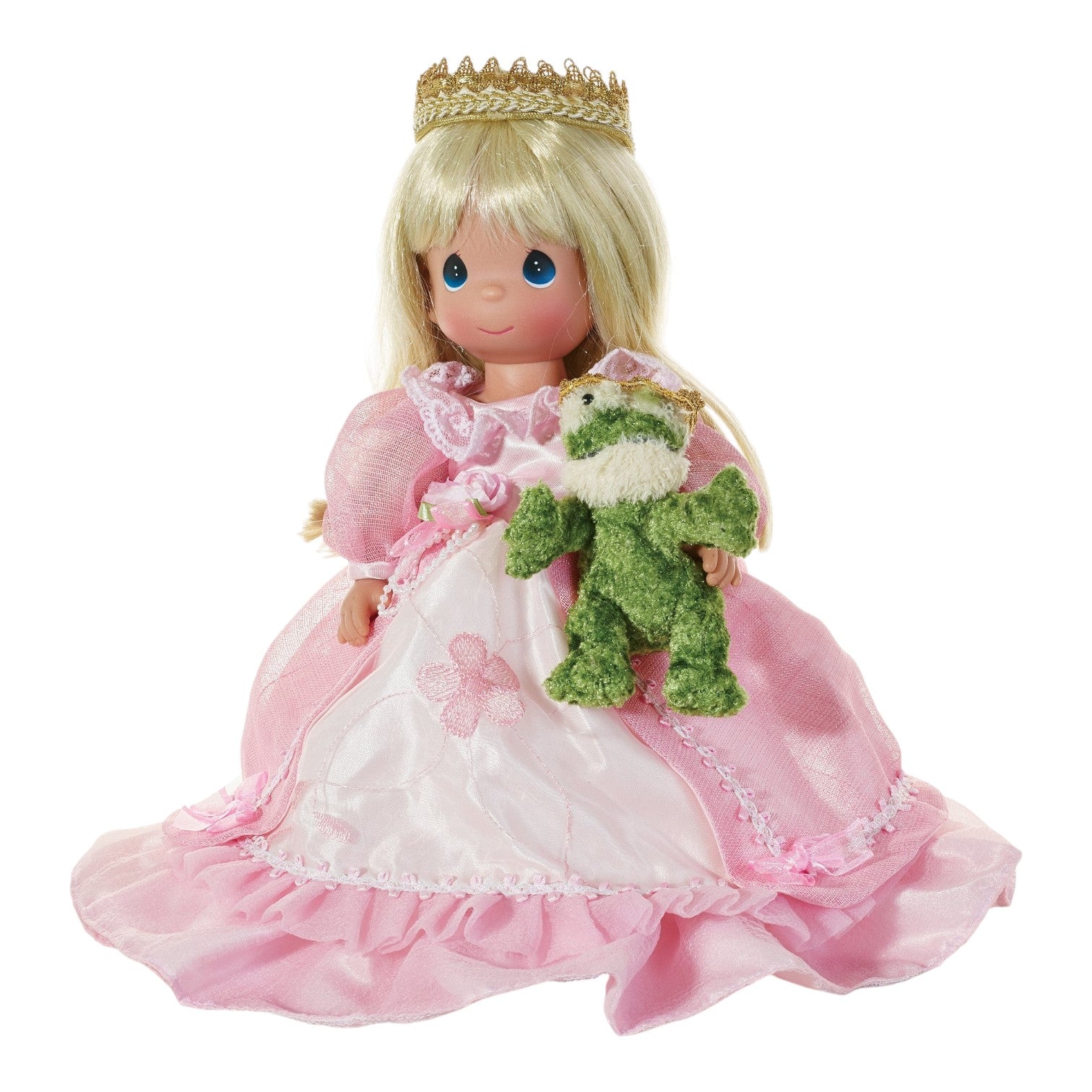 The Doll Maker 12-inch blonde princess doll wearing a pink satin gown, gold crown, and holding a plush green frog.