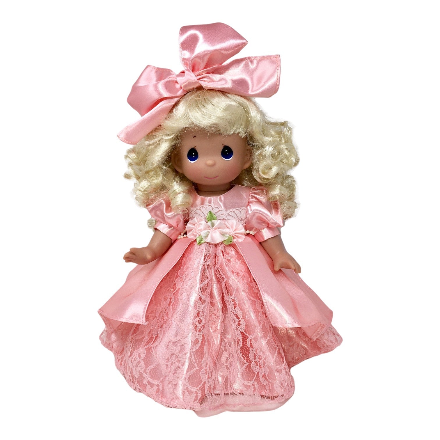 The Doll Maker Precious Moments Little Golden Girl of Mine vinyl doll in a pink satin and lace dress with a hair bow