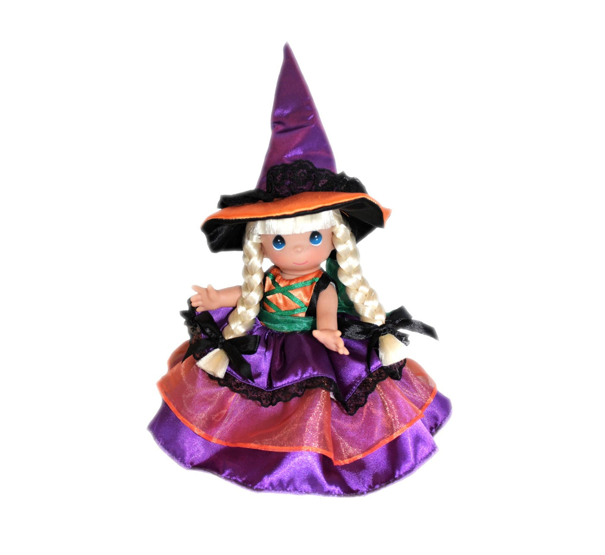The Doll Maker Precious Moments blonde witch doll wearing a purple and orange dress with a matching pointed hat