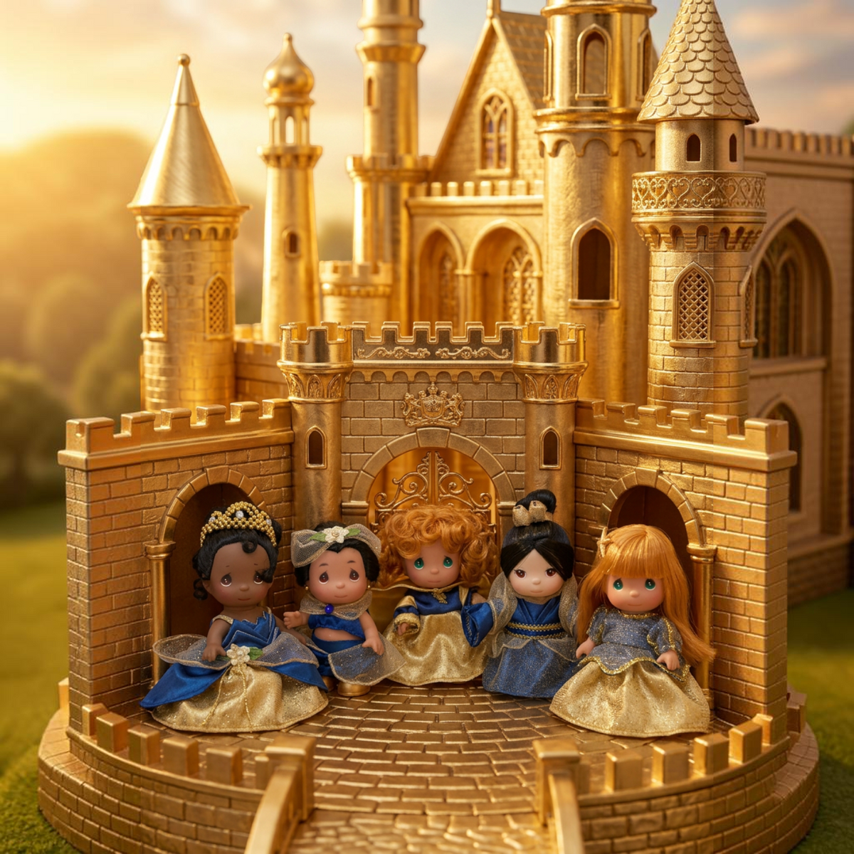 The Doll Maker 50th anniversary mini princess doll set featuring five 5-inch dolls in blue and gold royal outfits.