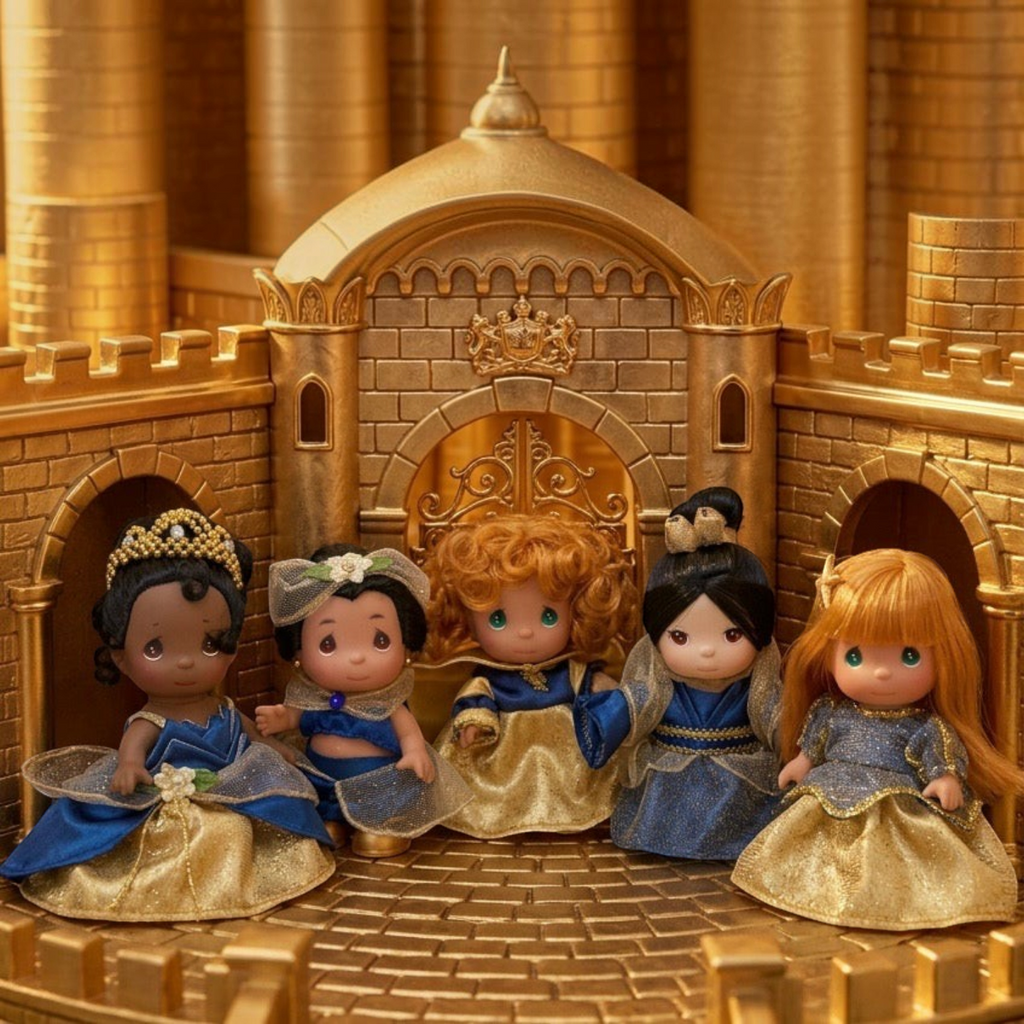 The Doll Maker 50th anniversary 5-piece mini princess doll set in coordinating blue and gold outfits inside a castle.