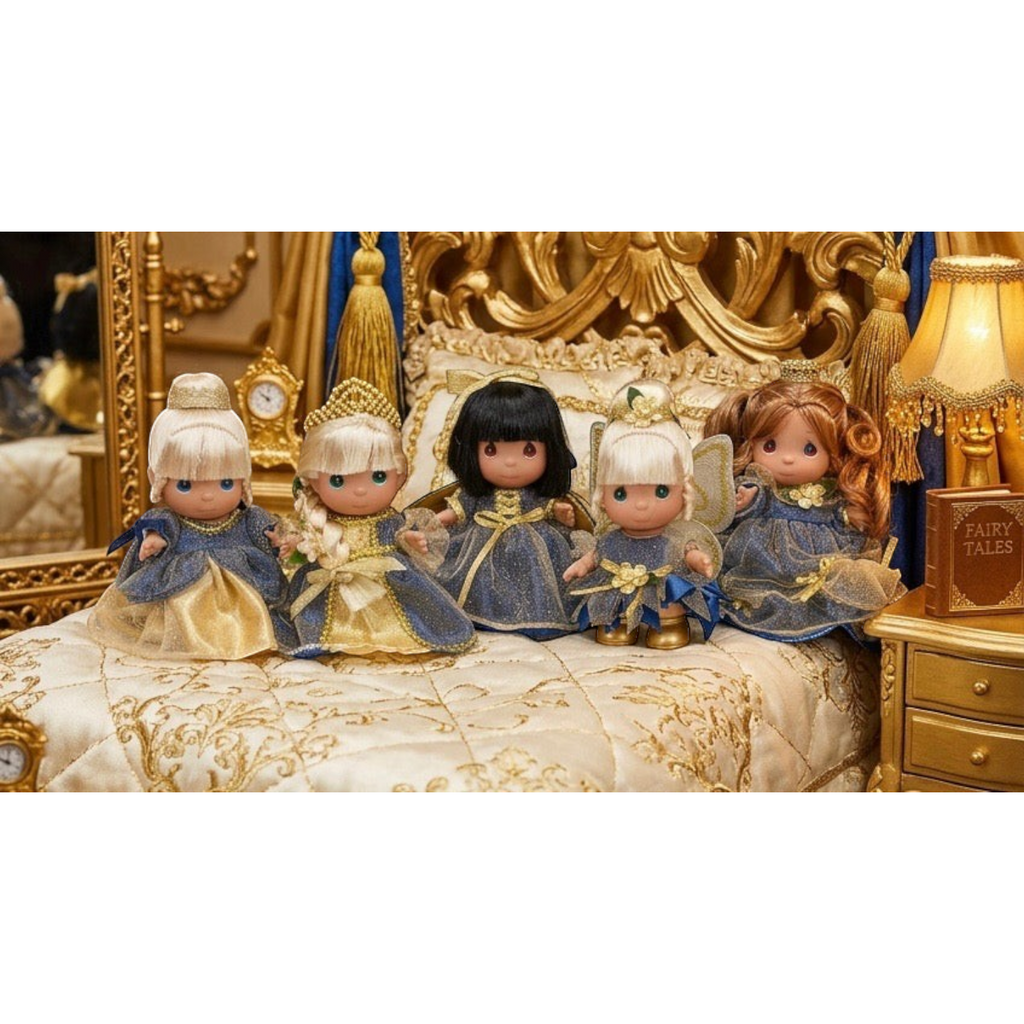 The Doll Maker 50th anniversary 5-piece princess doll set in blue and gold gowns displayed on a luxury bed.
