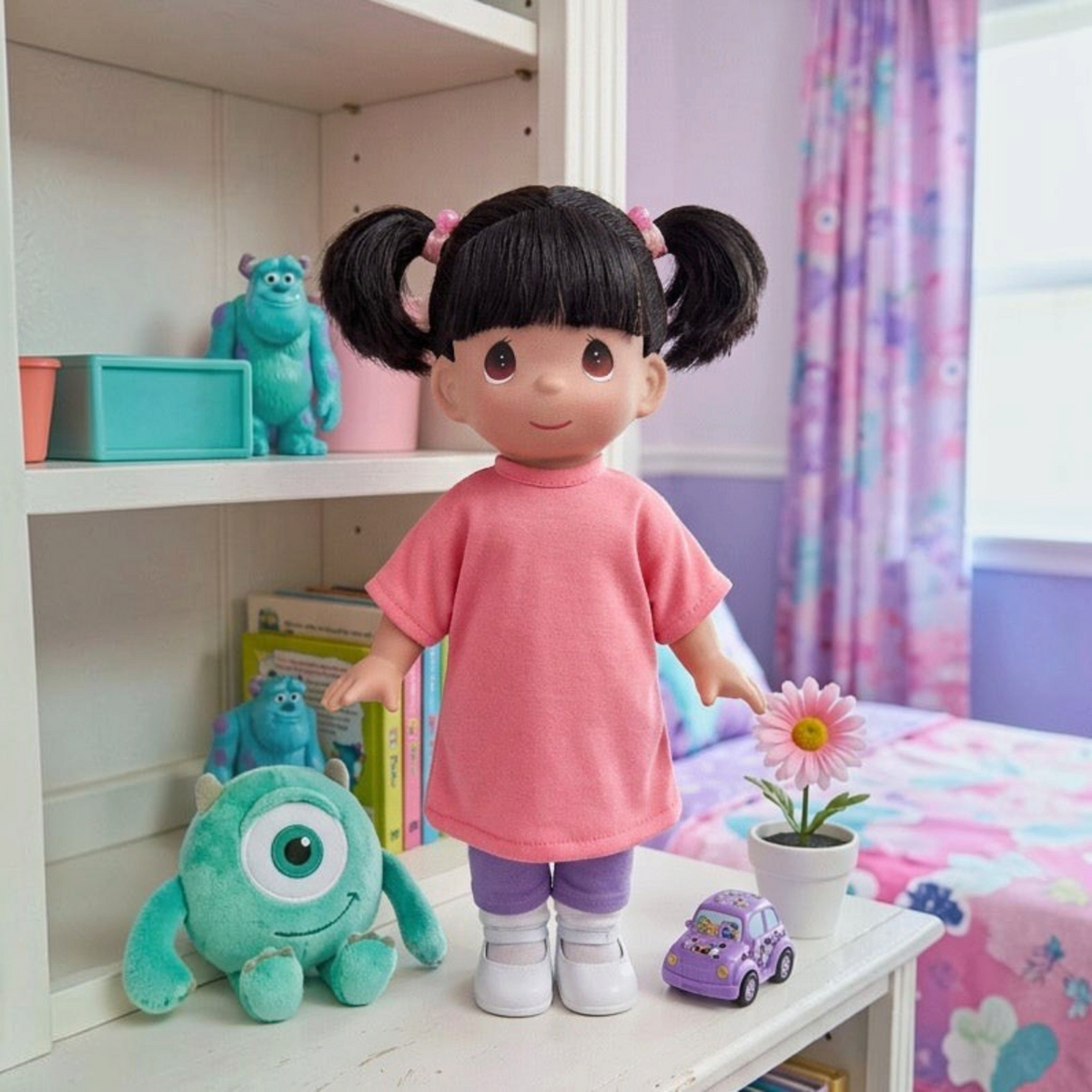 The Doll Maker 12-inch Boo doll from Monsters Inc wearing a pink shirt and purple leggings, standing on a shelf.