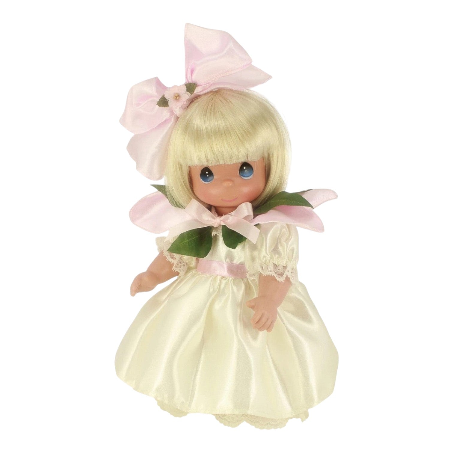 The Doll Maker Bouquet of Friendship Rose 12-inch vinyl doll with blonde hair, pink bow, and cream rose-themed dress.