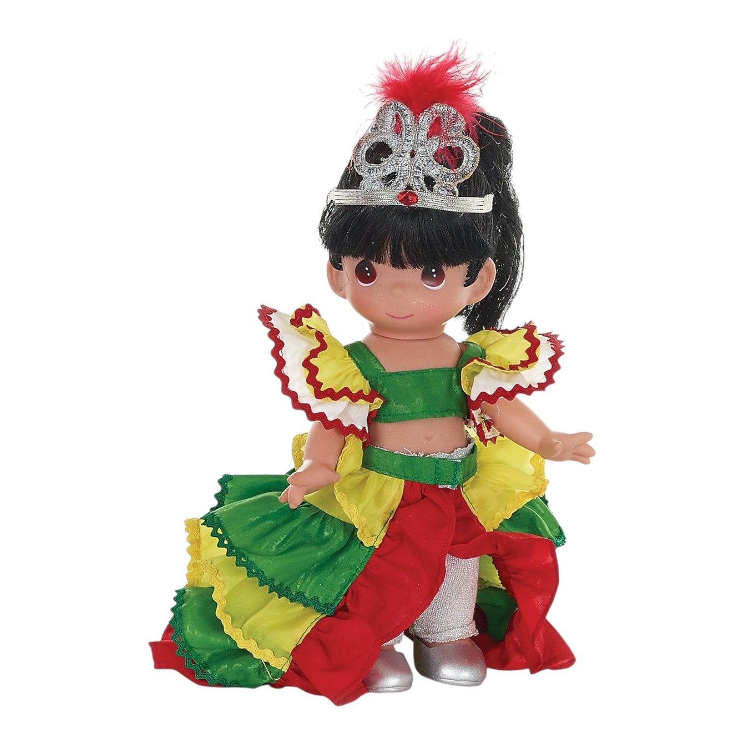 The Doll Maker 9-inch Brazil Giovanna vinyl doll wearing a vibrant green, yellow, and red carnival costume with crown