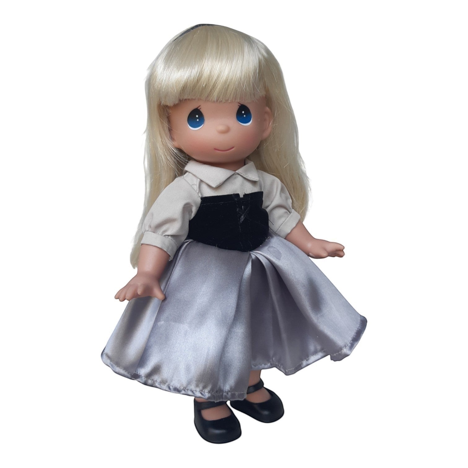 The Doll Maker 12-inch Briar Rose Sleeping Beauty doll wearing a gray peasant dress with a black bodice and shoes.