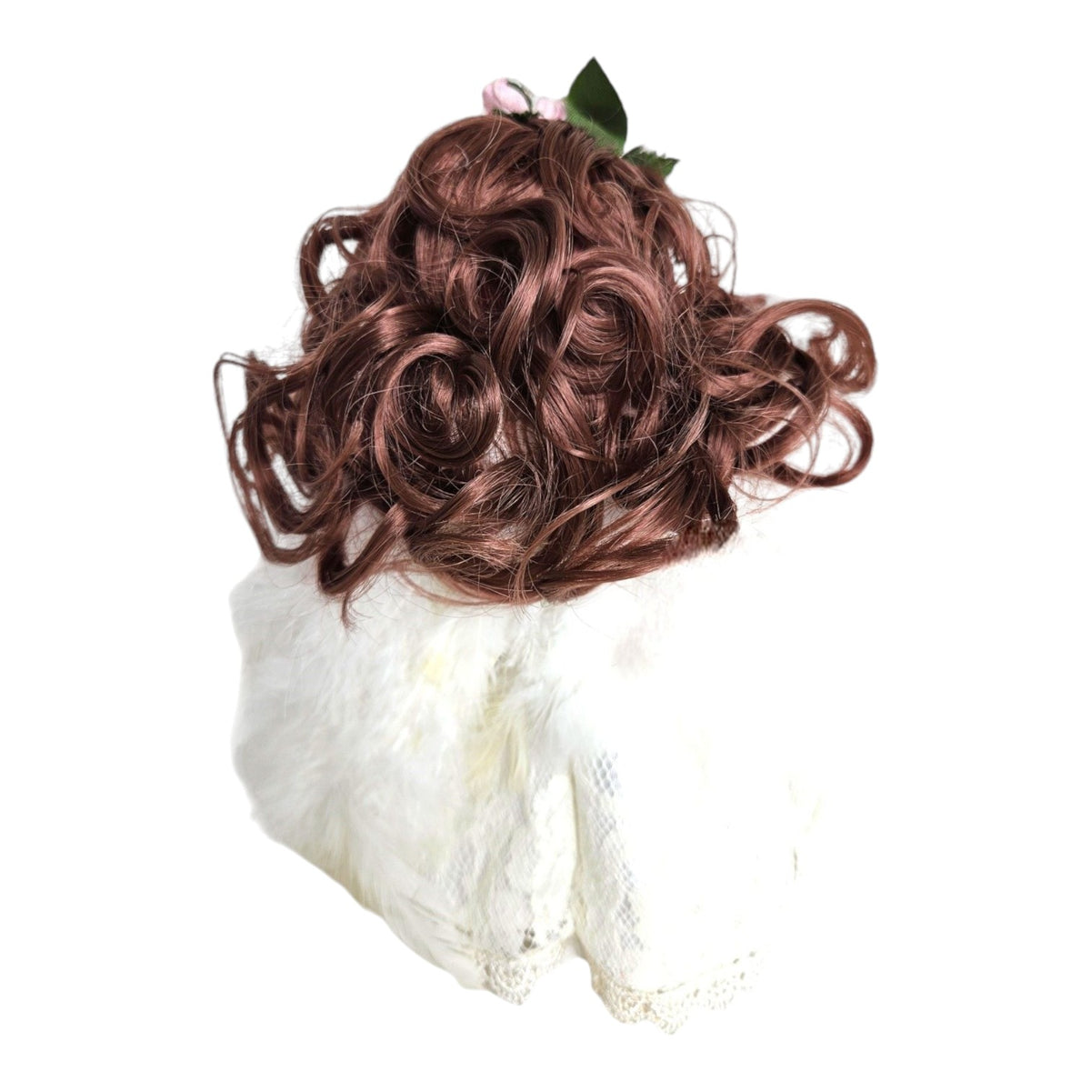 The Doll Maker 9-inch brunette angel doll featuring curly hair and a white lace dress with feathered wings