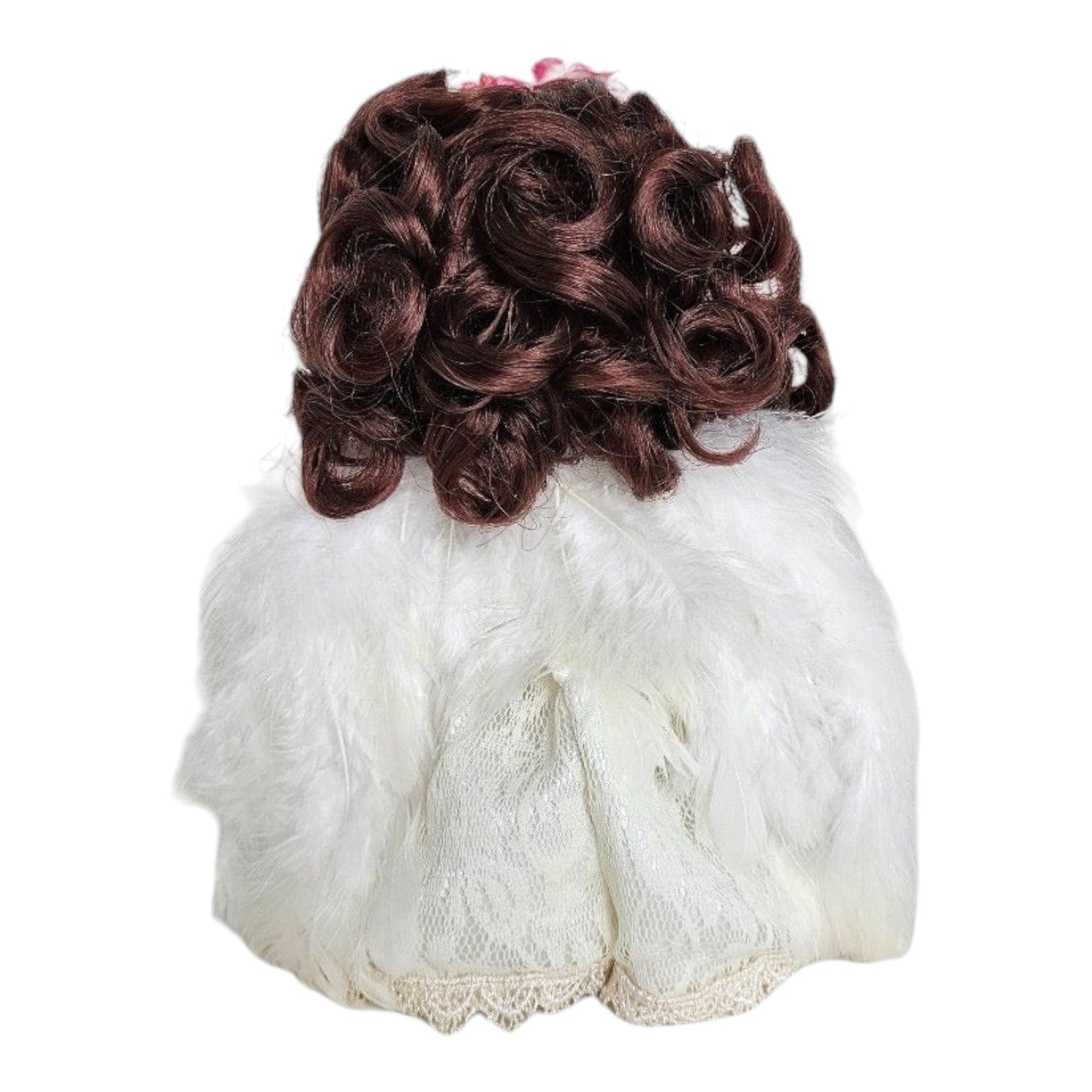 The Doll Maker 7-inch brunette angel doll featuring curly brown hair and a white feathered lace dress, back view.
