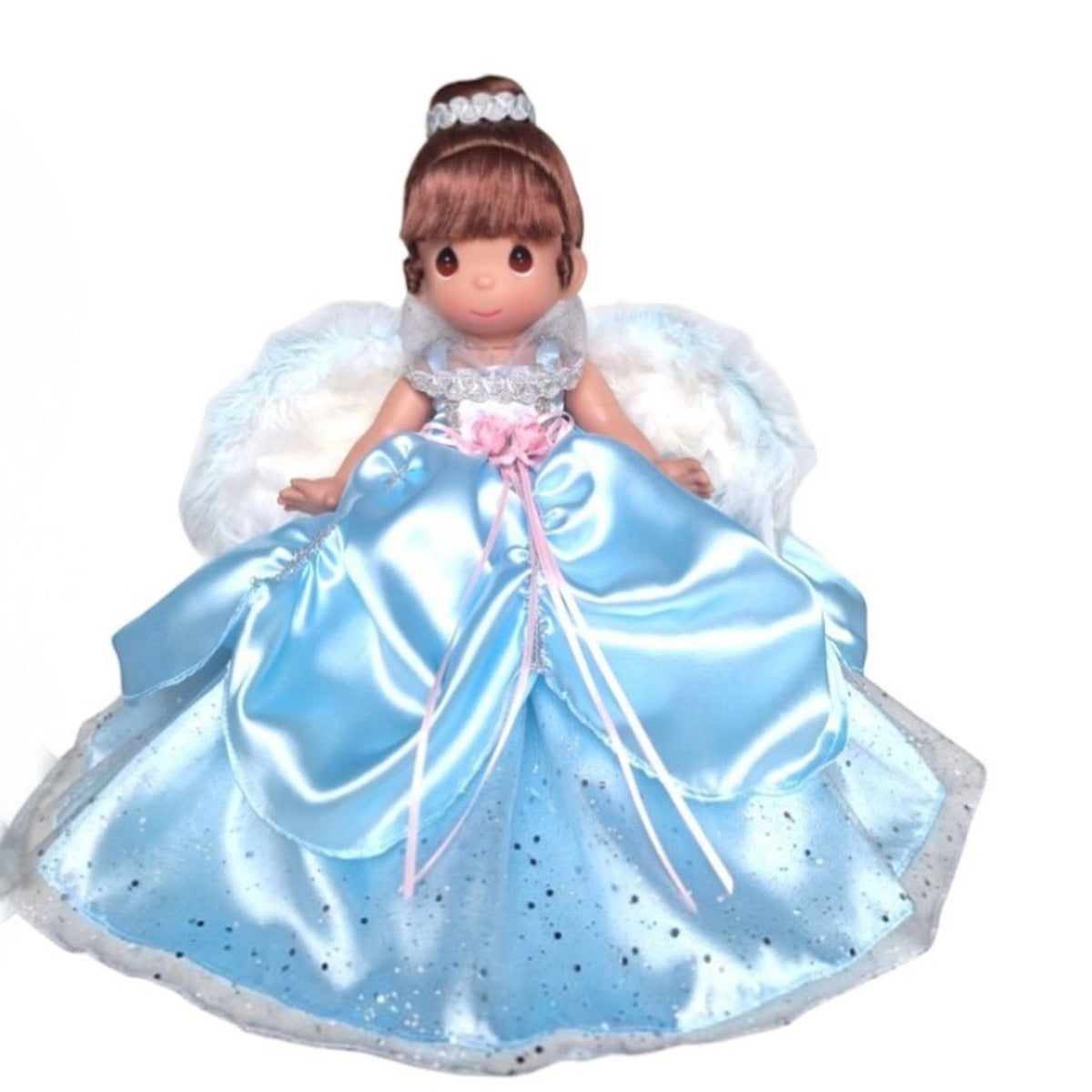 The Doll Maker 12-inch brunette angel doll wearing a blue satin gown with feather wings and a silver tiara.