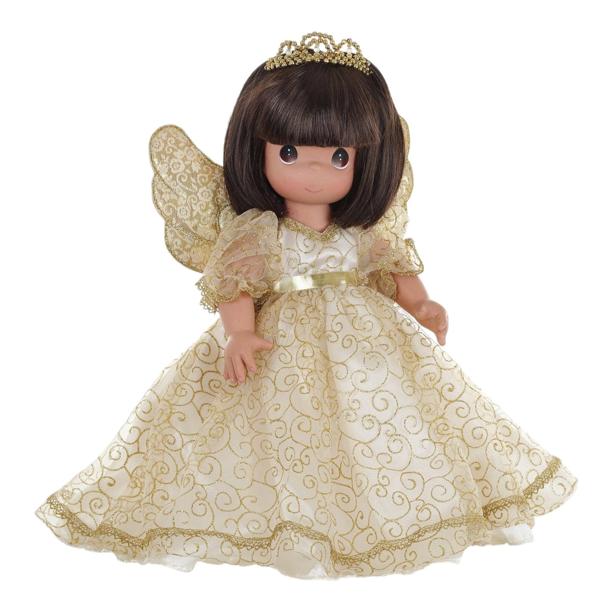 The Doll Maker 16-inch brunette angel doll wearing a gold embroidered dress with matching wings and a tiara.