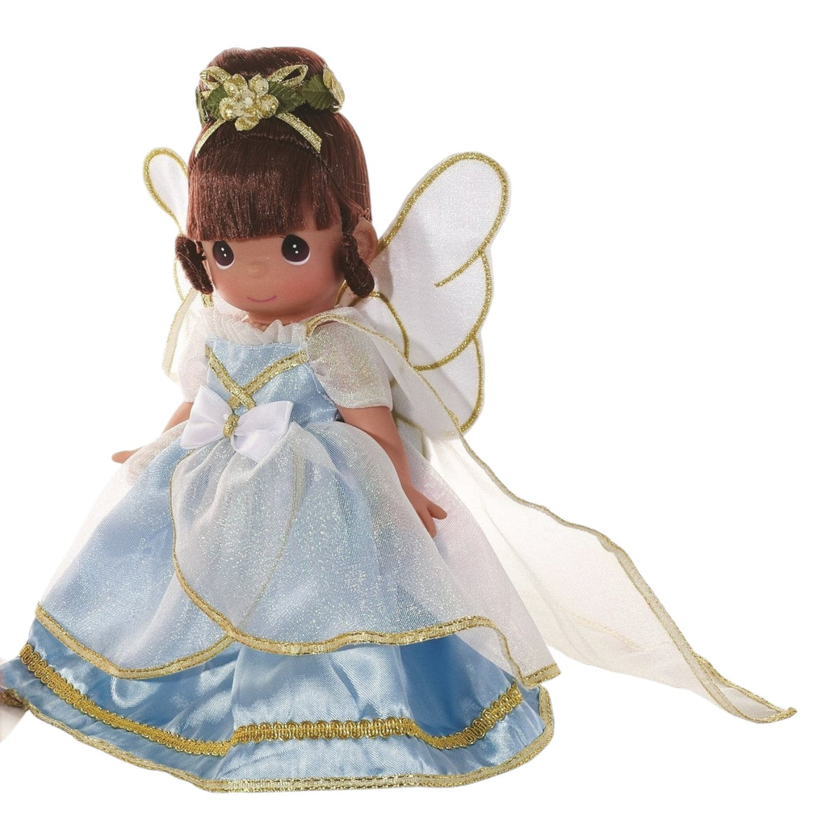 The Doll Maker Angels from Above brunette angel doll wearing a blue and gold gown with sheer wings
