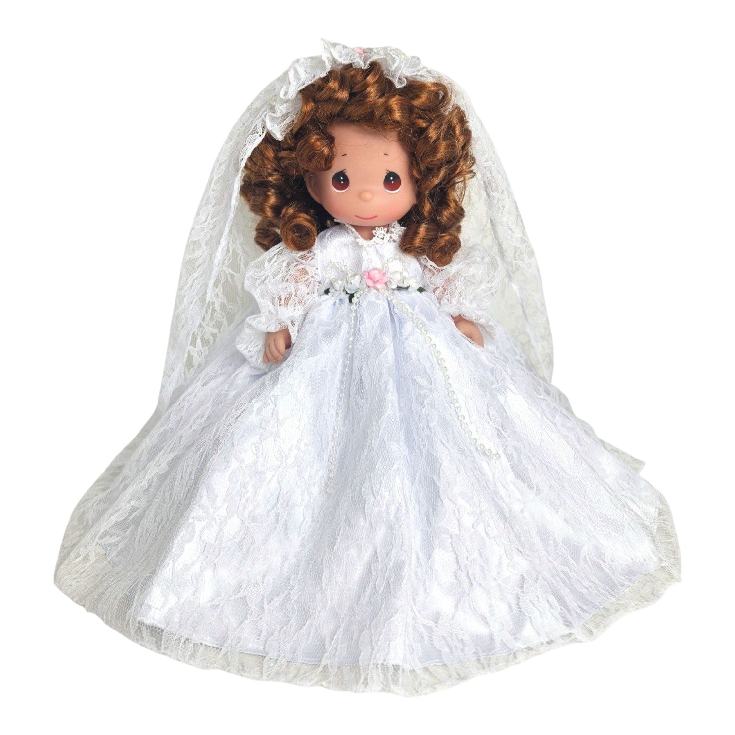The Doll Maker Fairytale Come True 12-inch brunette bride doll wearing a white lace wedding dress and veil.